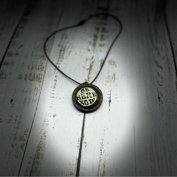 BE HERE NOW Ram Dass Quote Handmade Pendant, Necklace, Wood and Leather, NWOT - Picture 7 of 9
